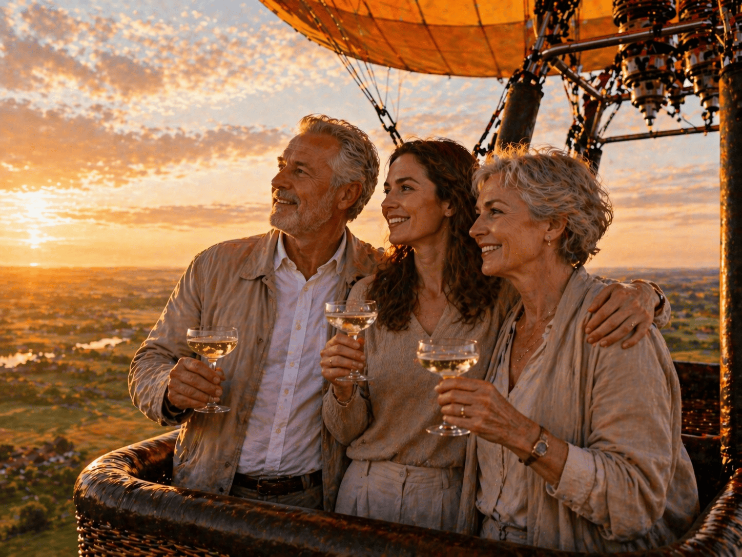 Volwassen kind met ouders proost in een heteluchtballon, als cadeau voor ouders van Spildooren Ballooning