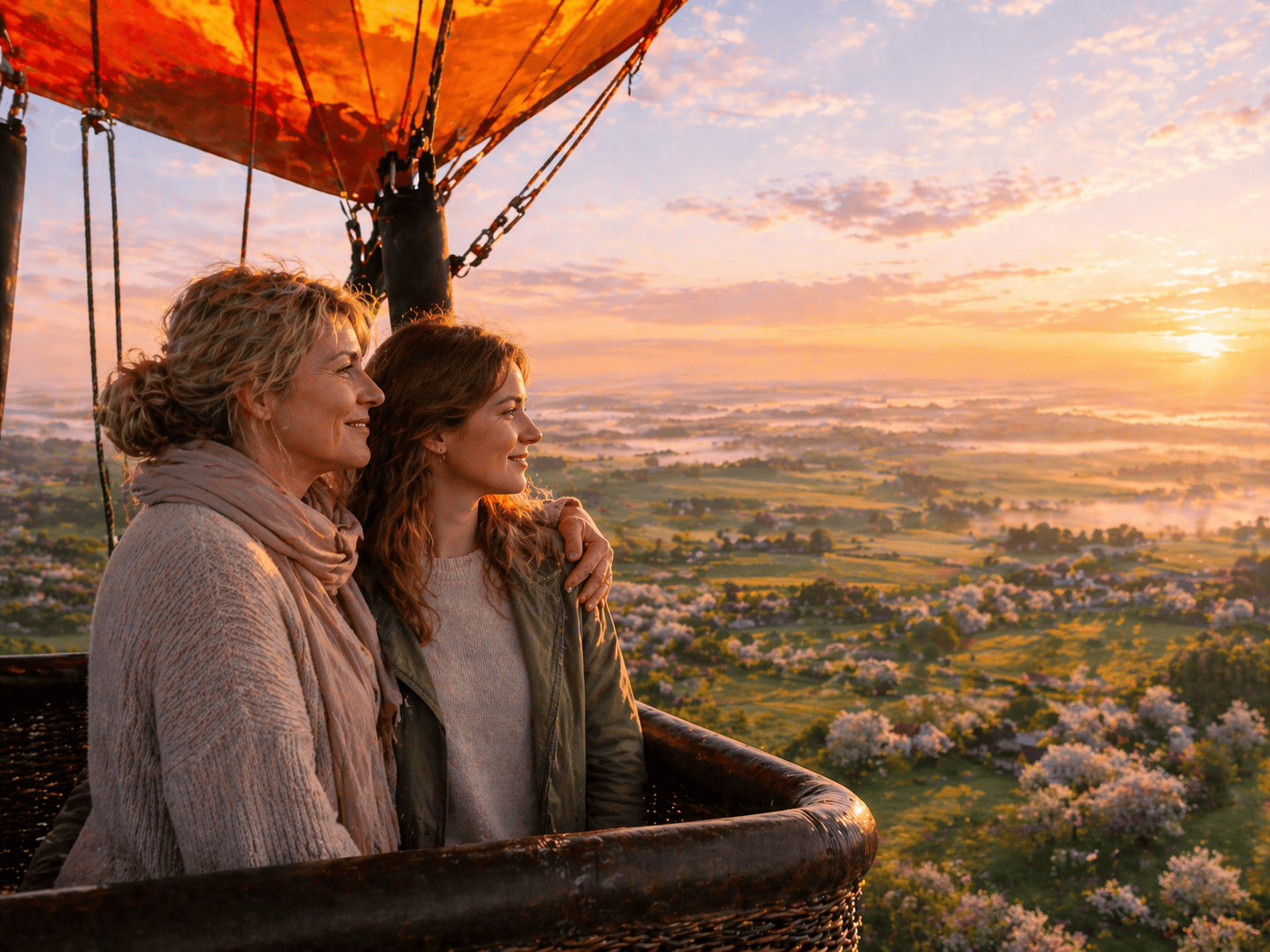 Heteluchtballon boven een bloeiend Vlaams lentelandschap, als inspiratie voor een origineel moederdag cadeau